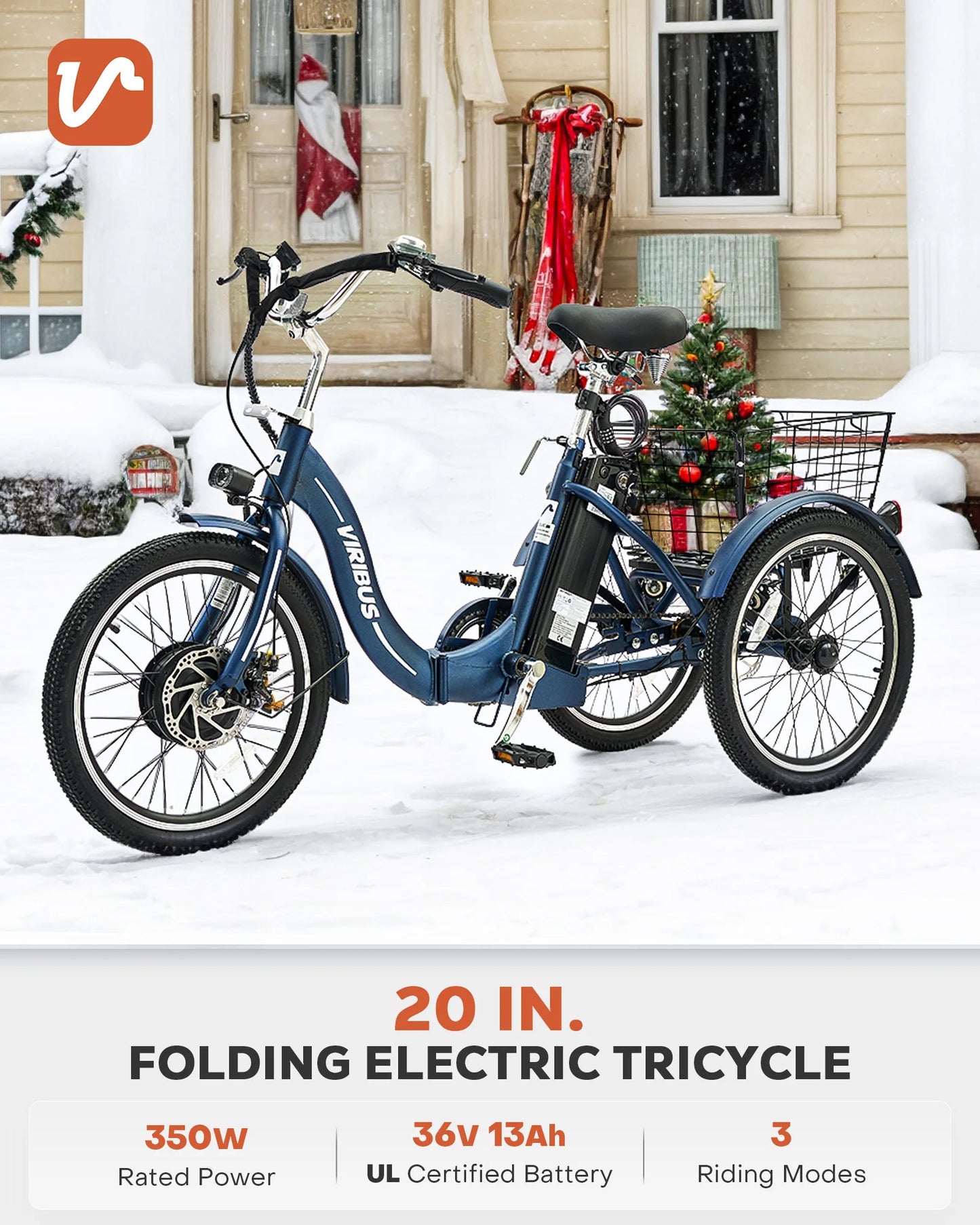 20 Inch Folding Electric Trike for Adults 350W Foldable Electric Tricycle with Differential Lock 36V 13Ah UL Certified Battery
