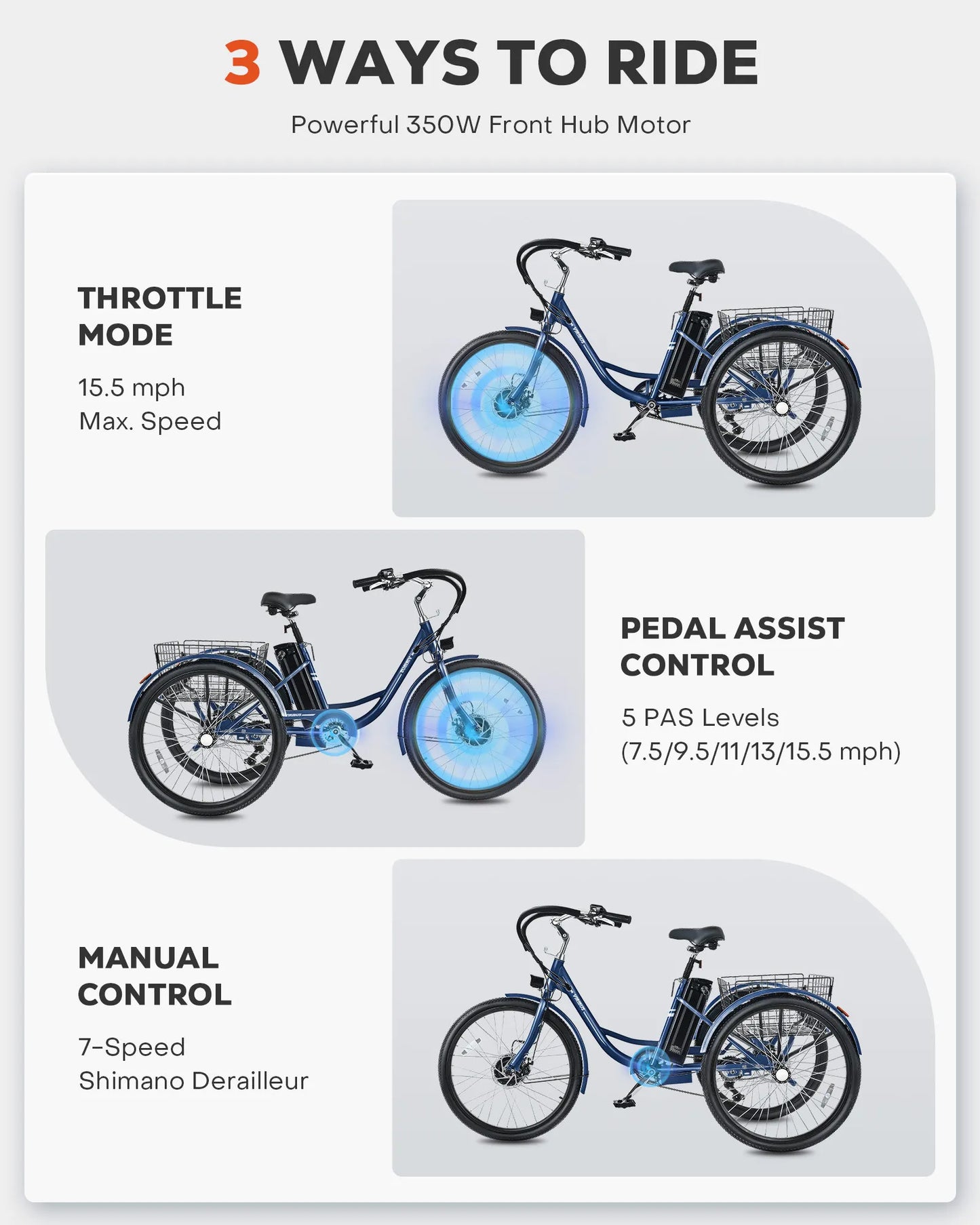24 Inch 26 Inch Electric Tricycle for Adults 7 Speed Electric Trike with 350W Motor UL Certified 36V 13Ah Battery 3 Wheel Electric Bike