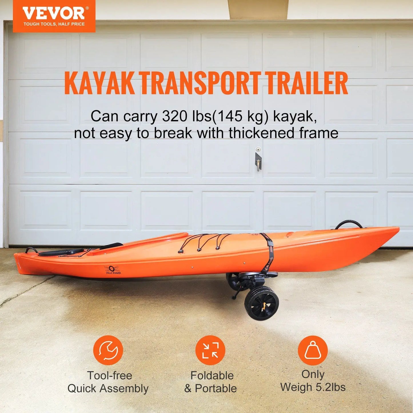Heavy Duty Kayak Cart with 320 Pound Capacity 10 Inch Solid Tires Adjustable Brackets Non Slip Foot Fits Kayaks Canoes Paddleboards and More