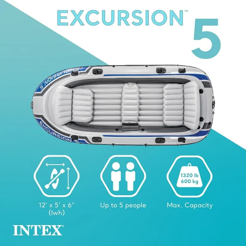 Intex Excursion 5 Person Inflatable Outdoor Fishing Raft Boat Set with 2 Aluminum Oars and Air Pump