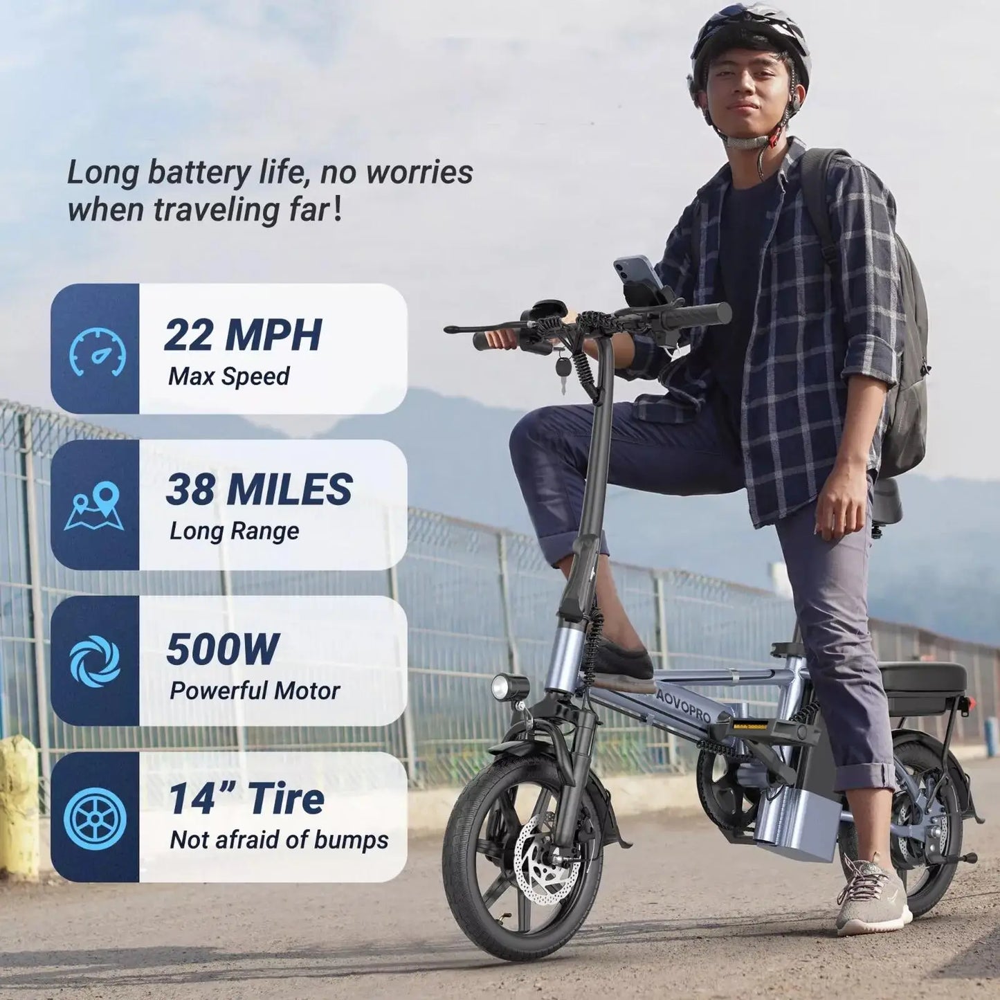 AOVOPRO 14 Inch EB60 Foldable Electric Bike 500W 48V 10.4AH Two Seat Long Range 22MPH 28 Miles