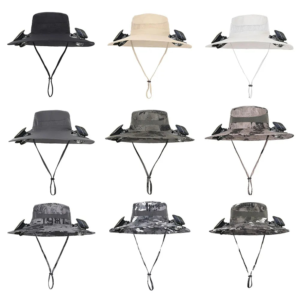 Solar Fan Hat Outdoor Fishing Hat with 2 Solar Fans Wide Brim Bucket Hat Summer Cap for Men Camping Hiking