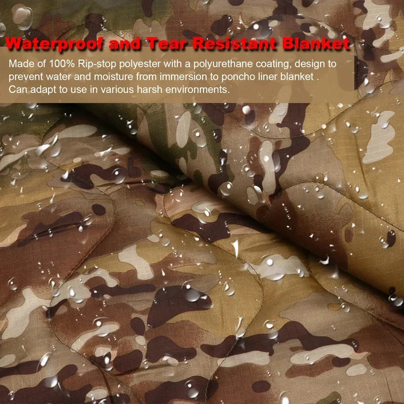 Tactical Army Poncho Liner Camouflage Water Repellent Woobie Quilted Blanket for Camping Shooting Hunting
