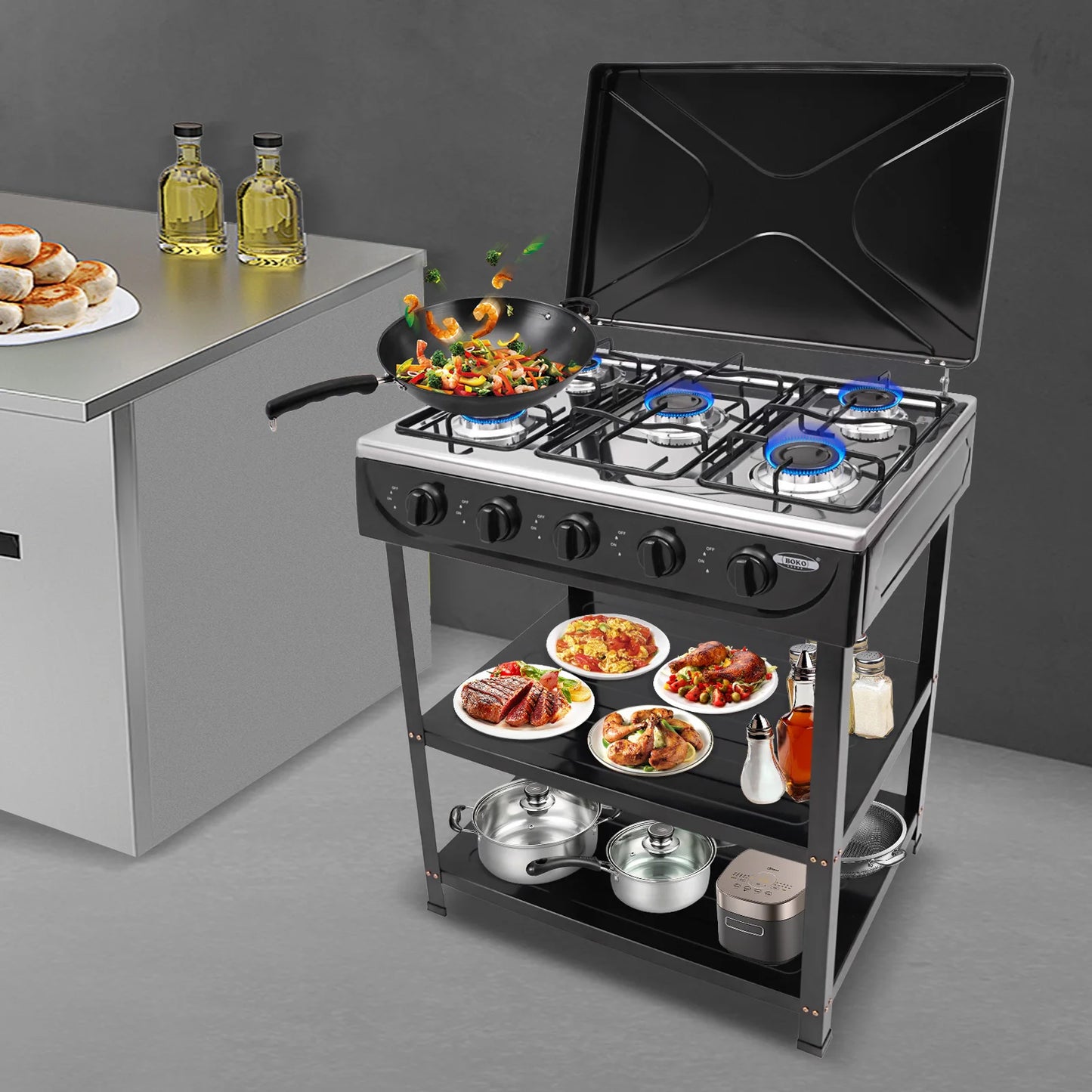 5 Burner Gas Stove Outdoor Camping Cooking BBQ Grill With 2 Tier Storage Rack