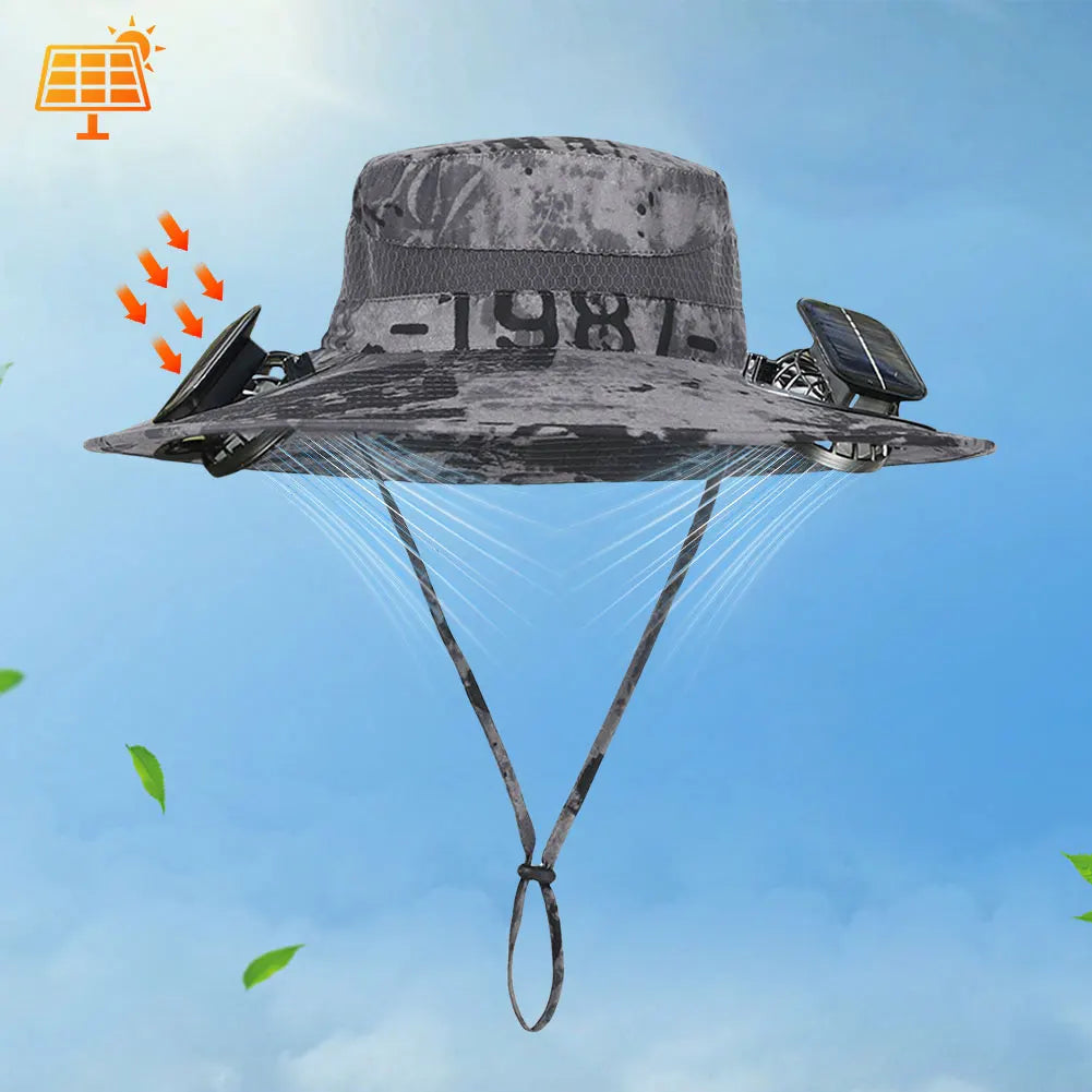 Solar Fan Hat Outdoor Fishing Hat with 2 Solar Fans Wide Brim Bucket Hat Summer Cap for Men Camping Hiking