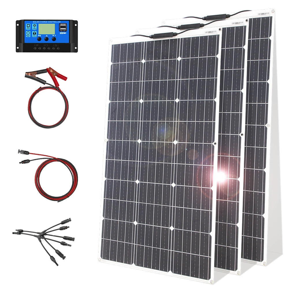 12V Flexible Solar Panel Kit 100W 200W Monocrystalline Waterproof Solar Charge Controller for RV Camping Outdoor
