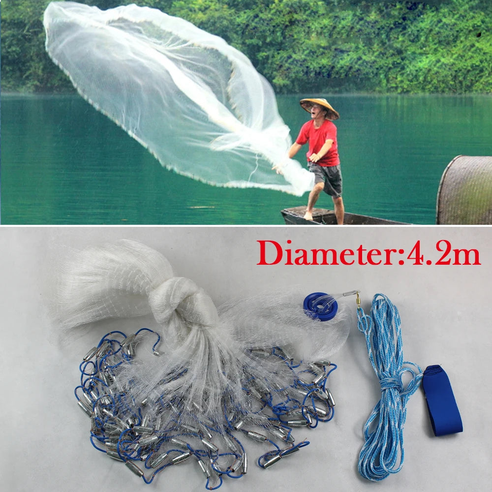 14ft Hand Cast Fishing Net with Diffuser Bait Dense Mesh Netting Hollow Sinker Durable 4.2M Full Spread Mesh