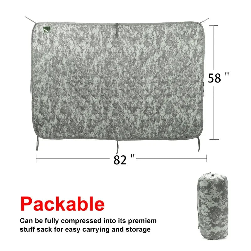 Tactical Army Poncho Liner Camouflage Water Repellent Woobie Quilted Blanket for Camping Shooting Hunting