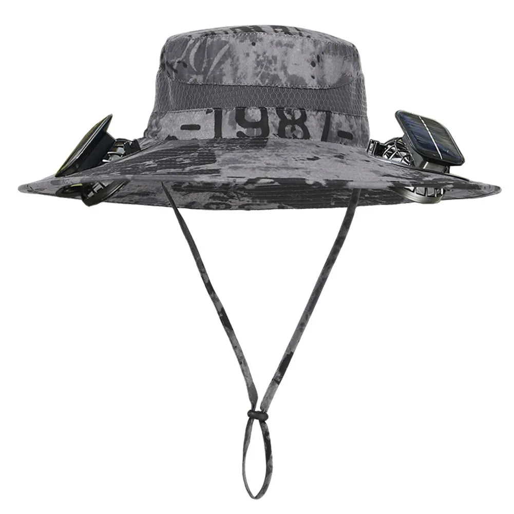 Solar Fan Hat Outdoor Fishing Hat with 2 Solar Fans Wide Brim Bucket Hat Summer Cap for Men Camping Hiking