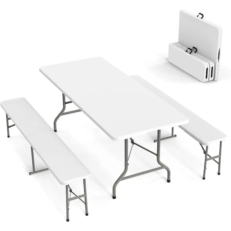 Picnic Table Set with 2 Benches 6 Feet Camping Table Chair Set 3 Piece Folding Furniture for Indoor or Outdoor Use