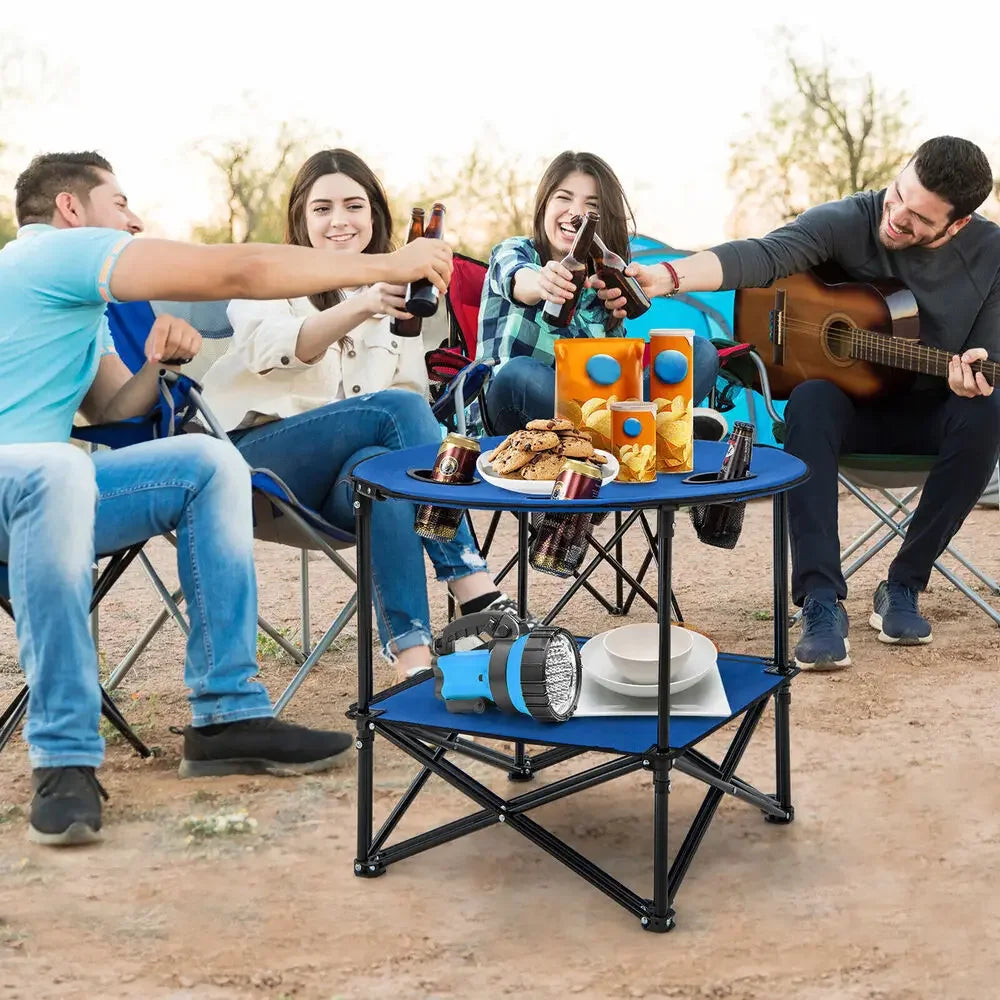 2 Tier Foldable Camping Table with Carrying Bag and 4 Cup Holders for BBQ and Camping