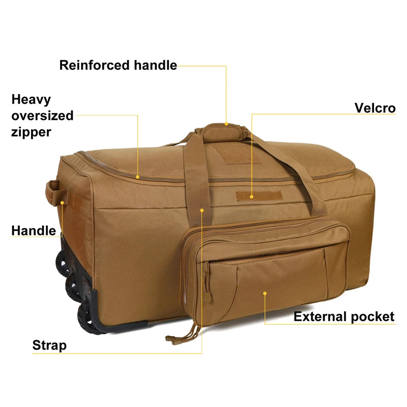 Large Capacity Military Tactical Travel Bag Wheeled Deployment Trolley Duffel Bag Heavy Duty Camping Hiking Running Trekking
