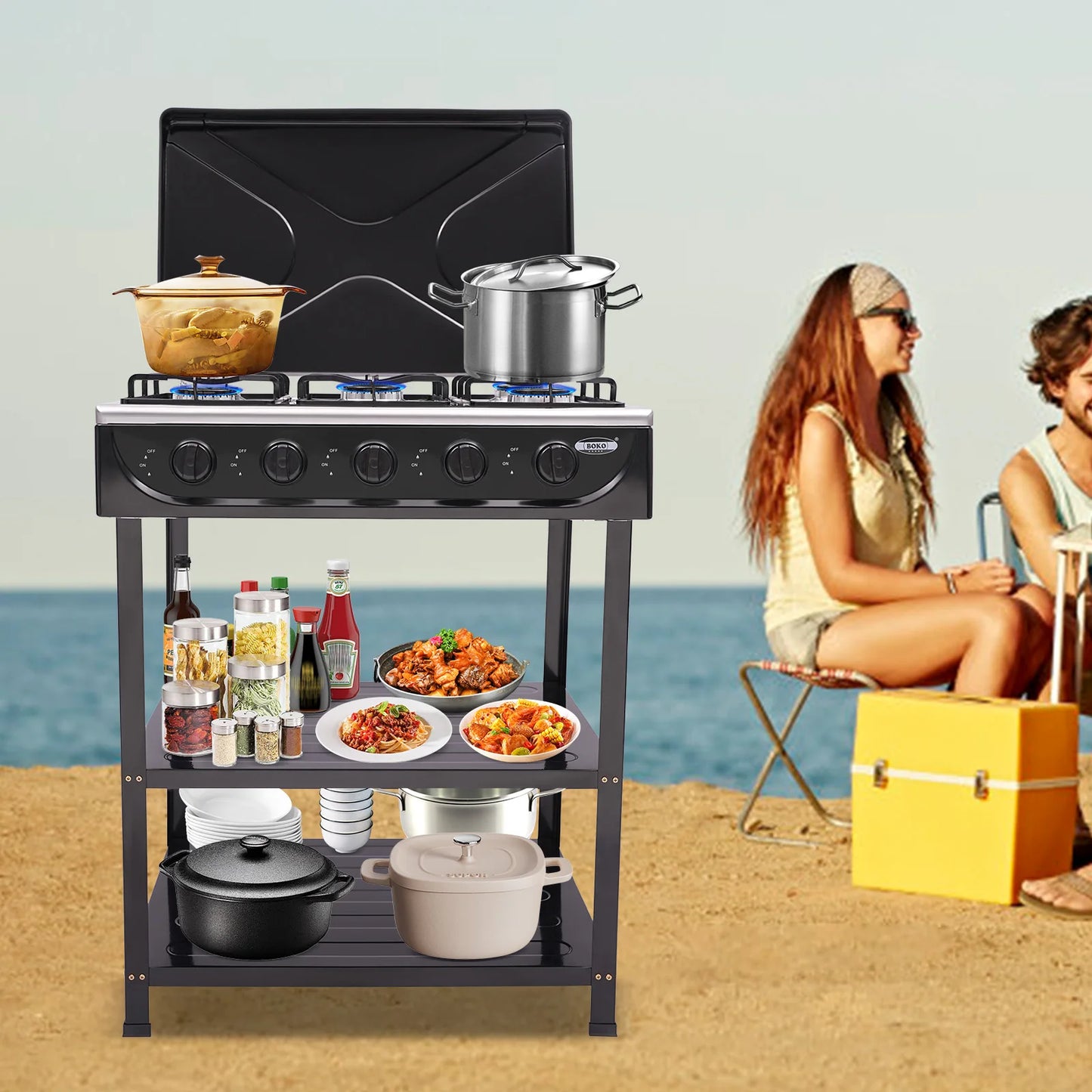 5 Burner Gas Stove Outdoor Camping Cooking BBQ Grill With 2 Tier Storage Rack