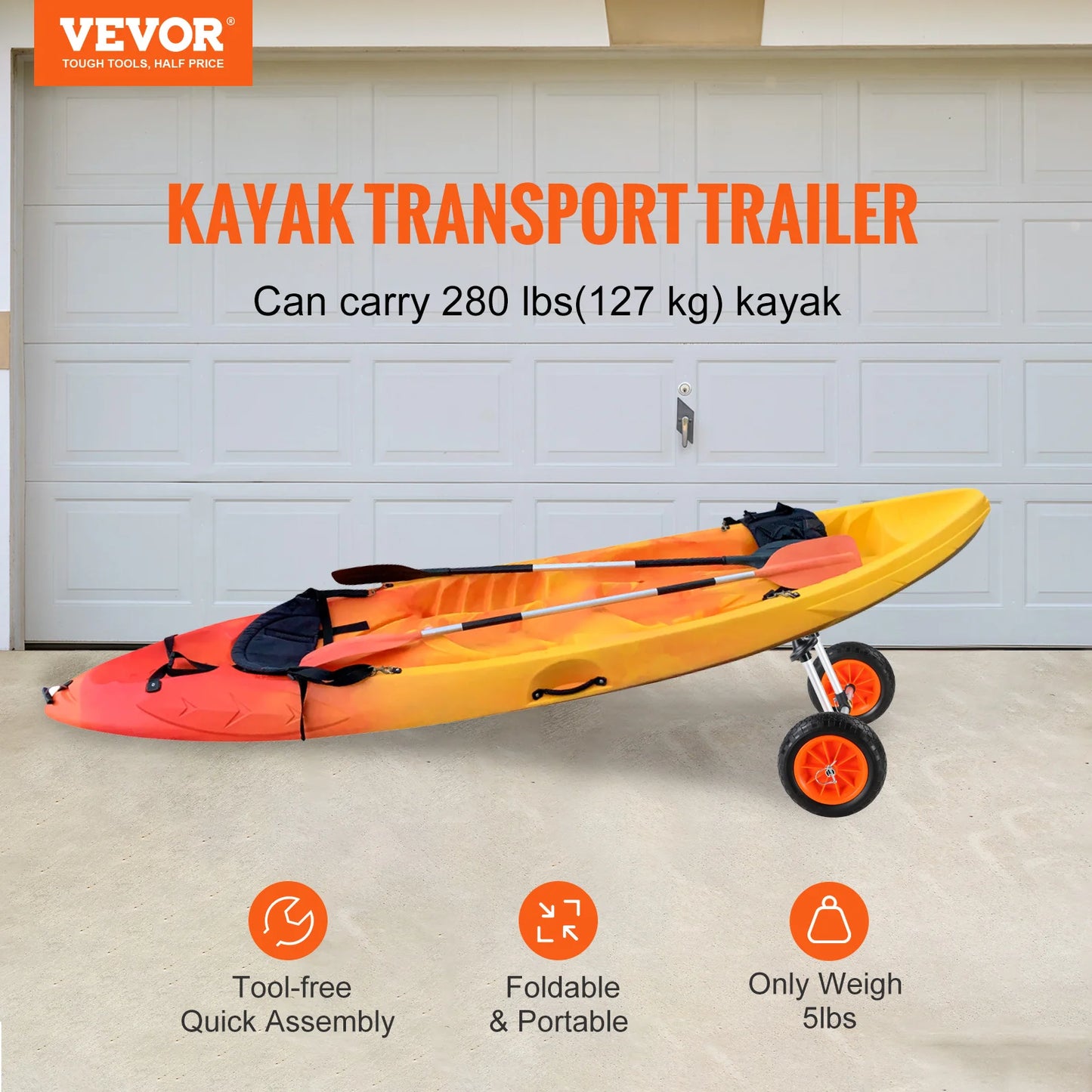 VEVOR Heavy Duty Kayak Cart Detachable Canoe Trolley Cart with 10 Inch Solid Tires Adjustable Width and Top Foam Protection