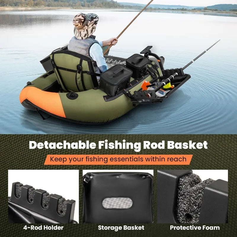 Inflatable Float Tube Fishing Belly Boat with Fish Ruler Pump Storage Bag Adjustable Straps for Angling