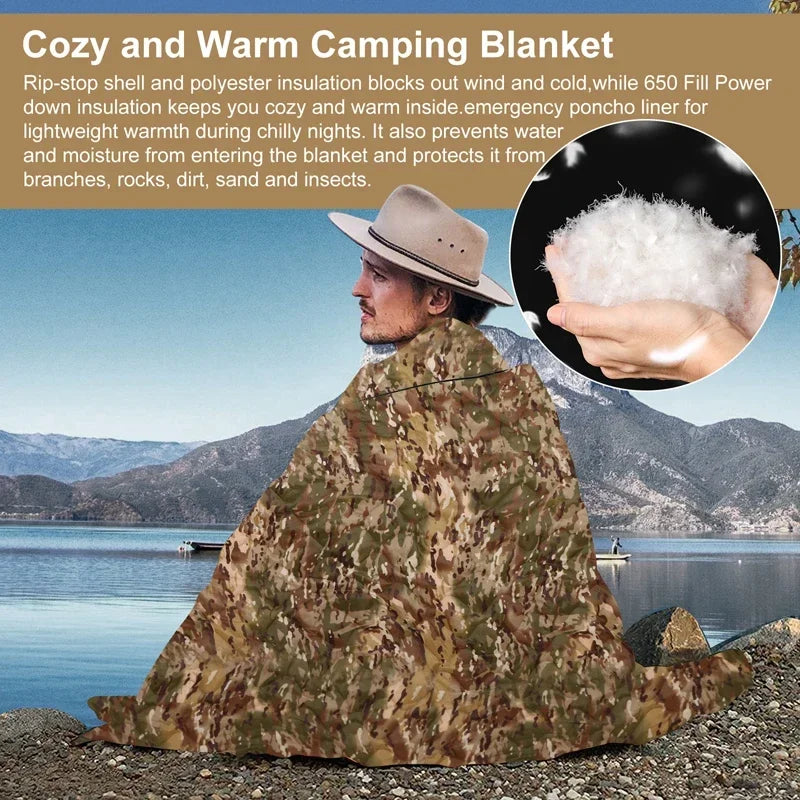 Tactical Army Poncho Liner Camouflage Water Repellent Woobie Quilted Blanket for Camping Shooting Hunting