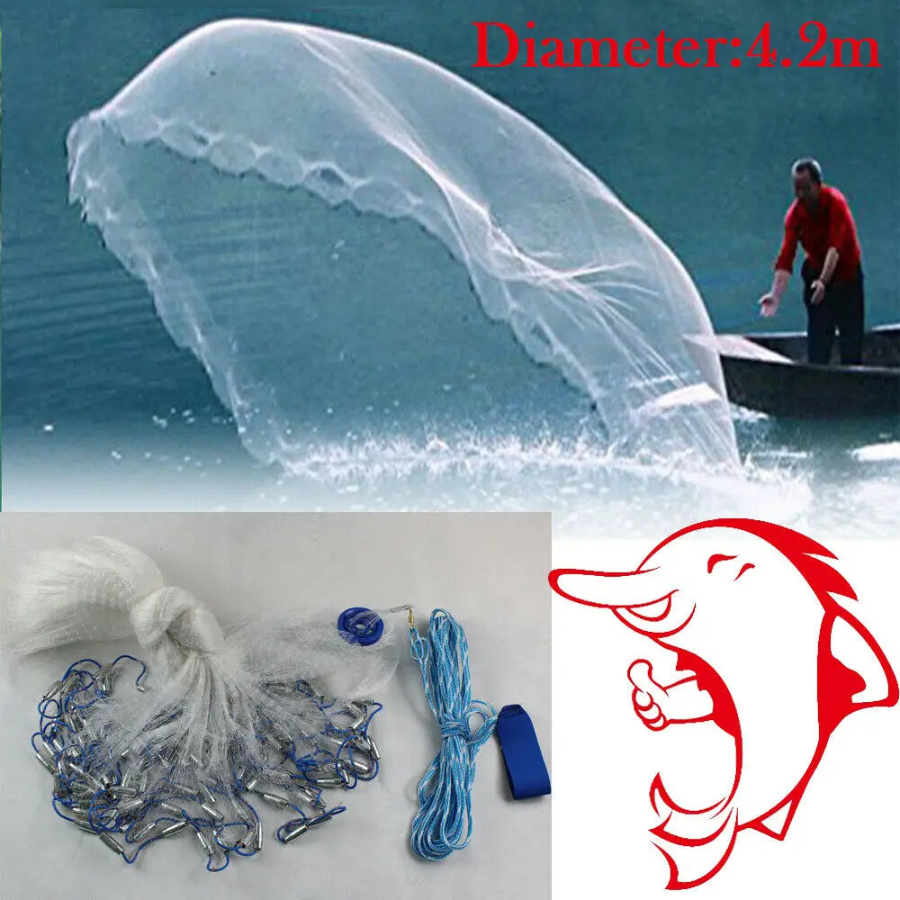 14ft Hand Cast Fishing Net with Diffuser Bait Dense Mesh Netting Hollow Sinker Durable 4.2M Full Spread Mesh