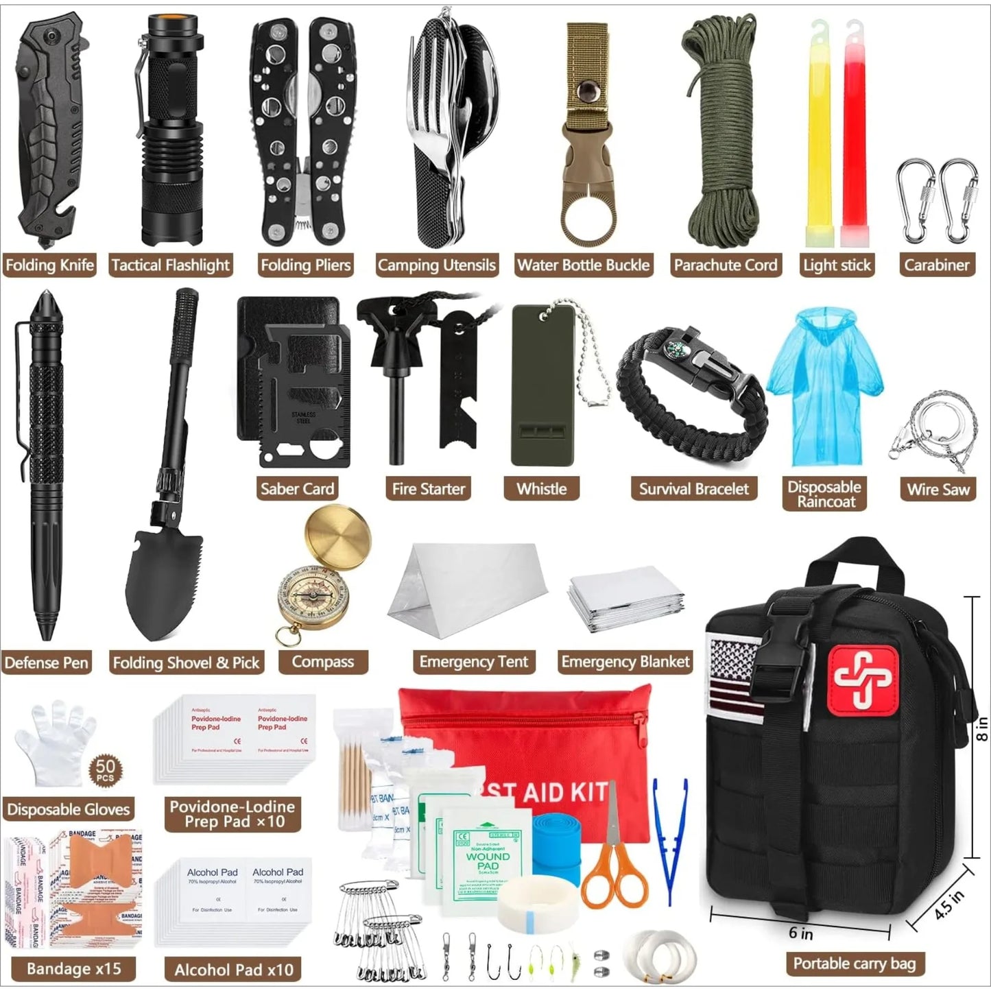 238 Pieces Emergency Survival Kit Professional Survival Gear Tool with Tactical Molle Pouch and Emergency Tent for Earthquake