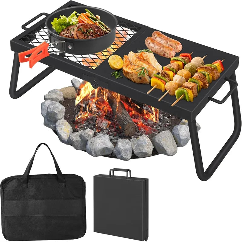 Folding Campfire Grill Heavy Duty Steel Mesh Grate Portable Camping Grates Over Fire Pit Camp Fire Cooking Grilling Rack