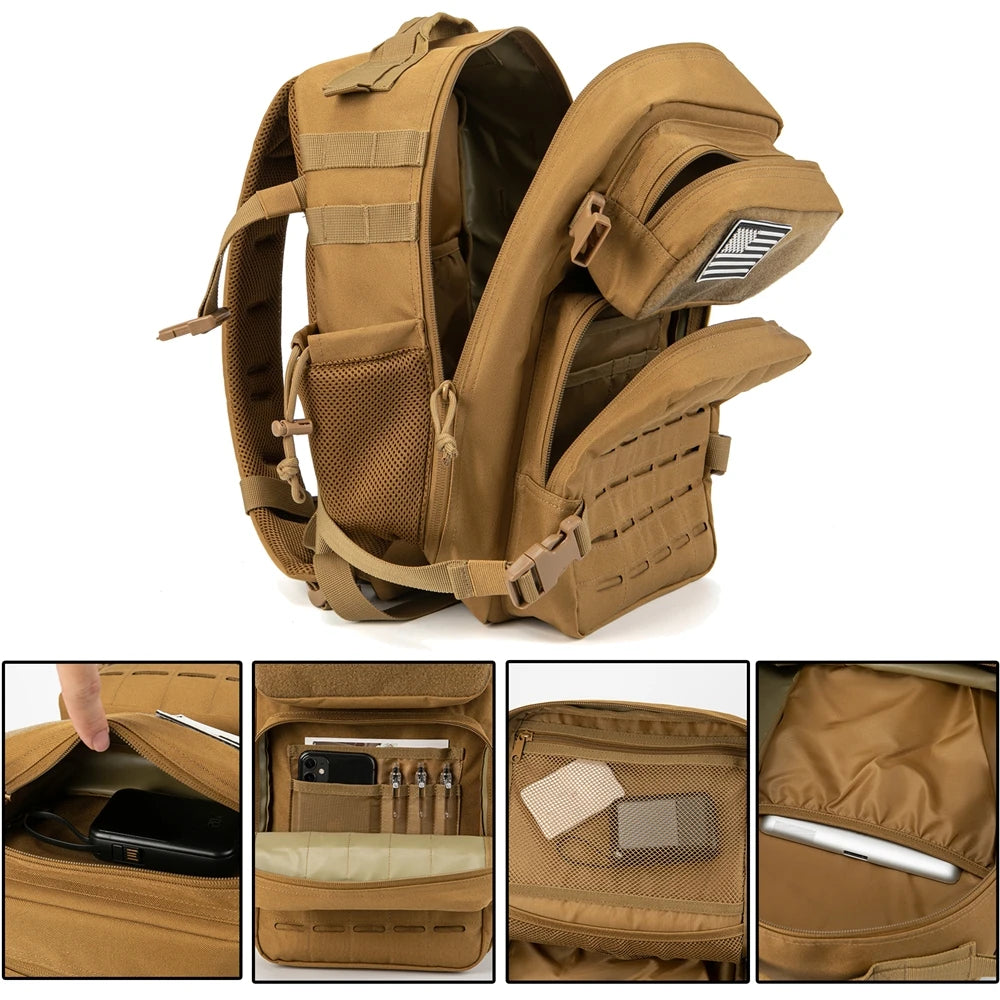 25L Gym Tactical Backpack for Men Survival Laser Cut Molle Daypack Small Bug Out Bag Hunting Rucksack with Dual Cup Holders