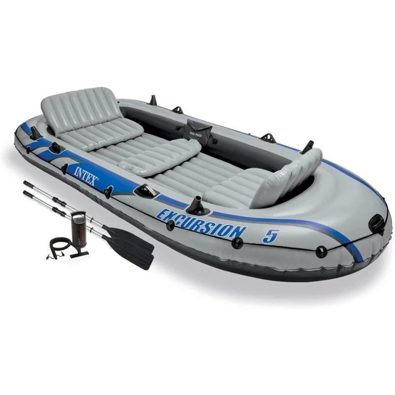 Intex Excursion 5 Person Inflatable Outdoor Fishing Raft Boat Set with 2 Aluminum Oars and Air Pump