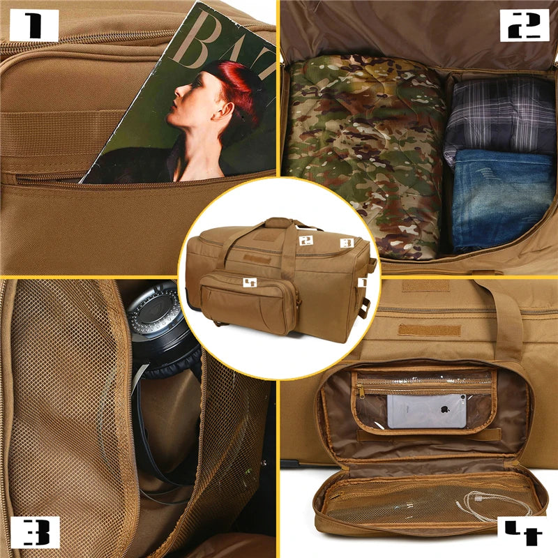 Large Capacity Military Tactical Travel Bag Wheeled Deployment Trolley Duffel Bag Heavy Duty Camping Hiking Running Trekking