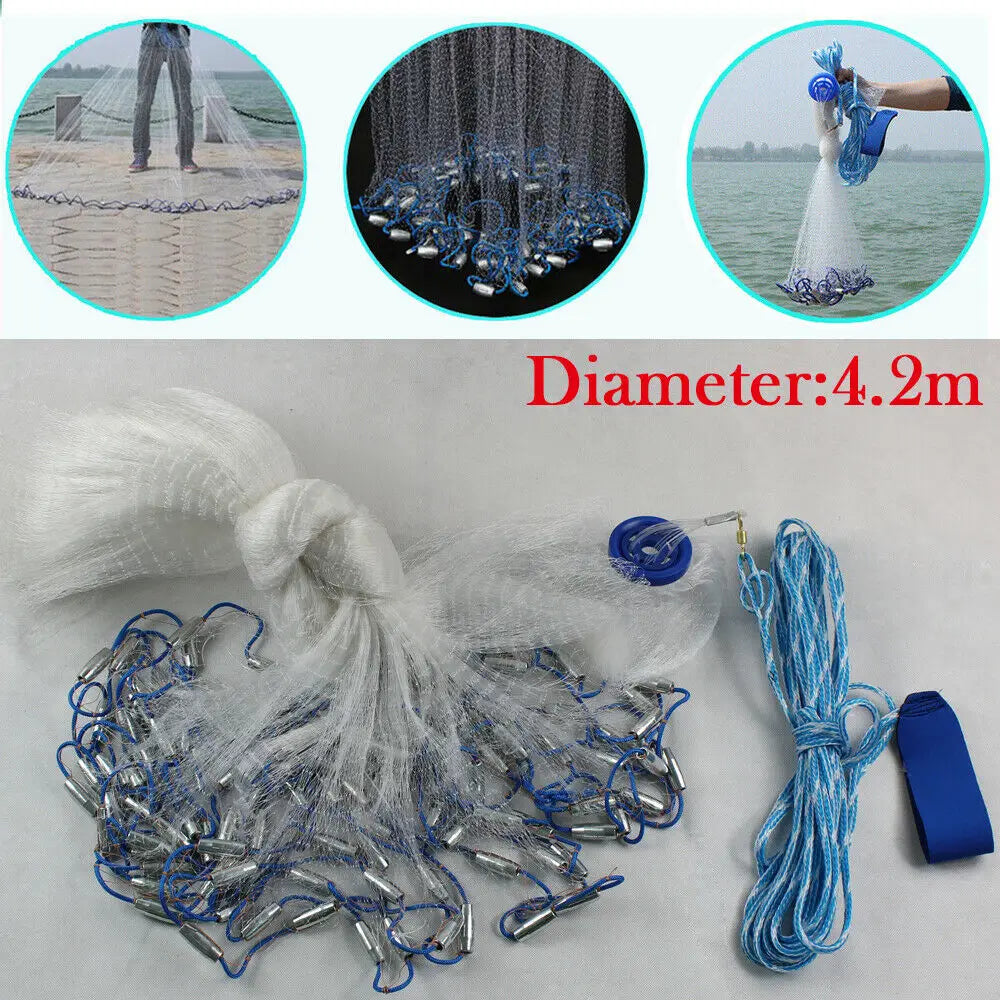 14ft Hand Cast Fishing Net with Diffuser Bait Dense Mesh Netting Hollow Sinker Durable 4.2M Full Spread Mesh