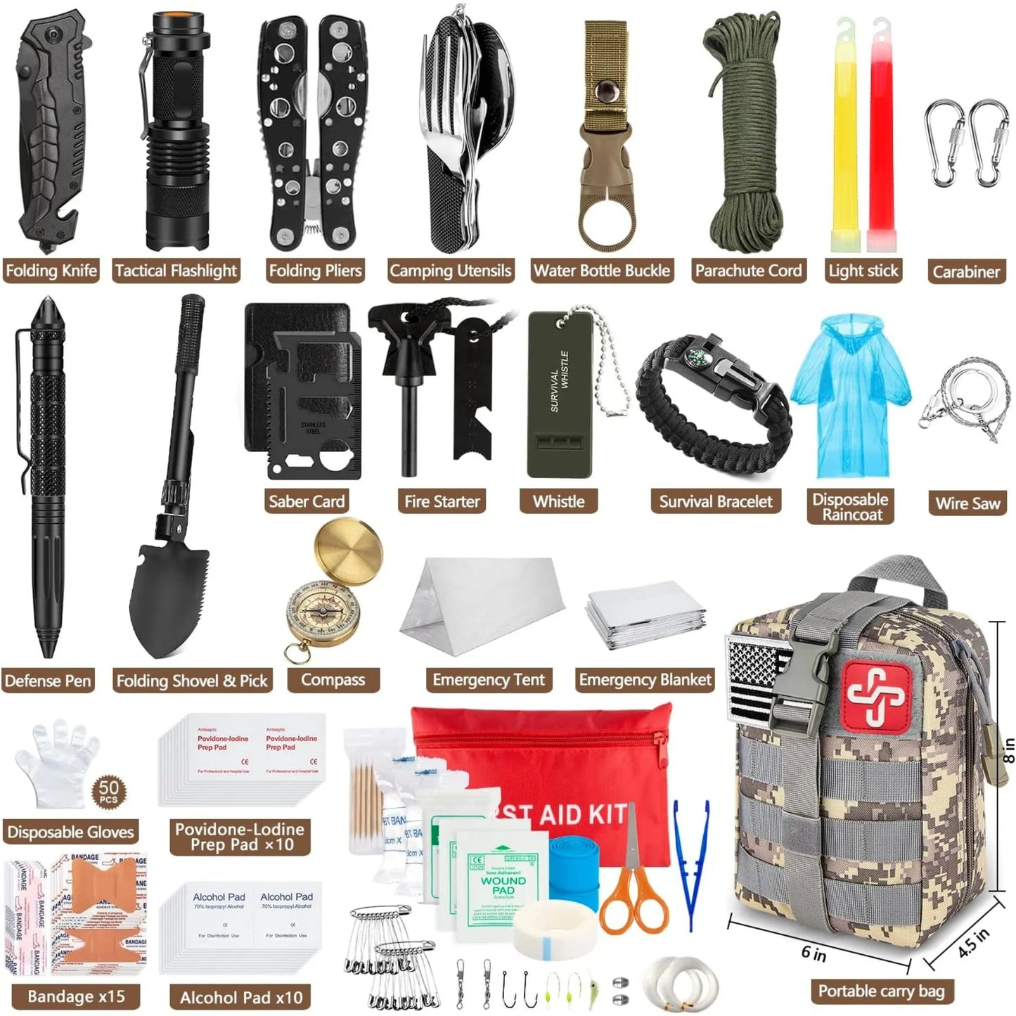 238 Pieces Emergency Survival Kit Professional Survival Gear Tool with Tactical Molle Pouch and Emergency Tent for Earthquake