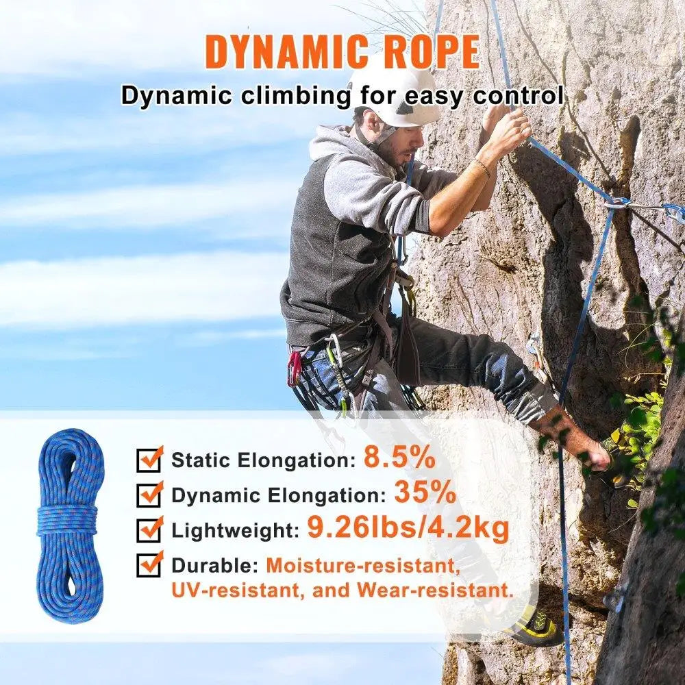 Dynamic Climbing Rope 10.2mm 60M 25KN Breaking Strength Fiber Rope with Steel Snap Hooks for Outdoor Rock Climbing and Rappelling