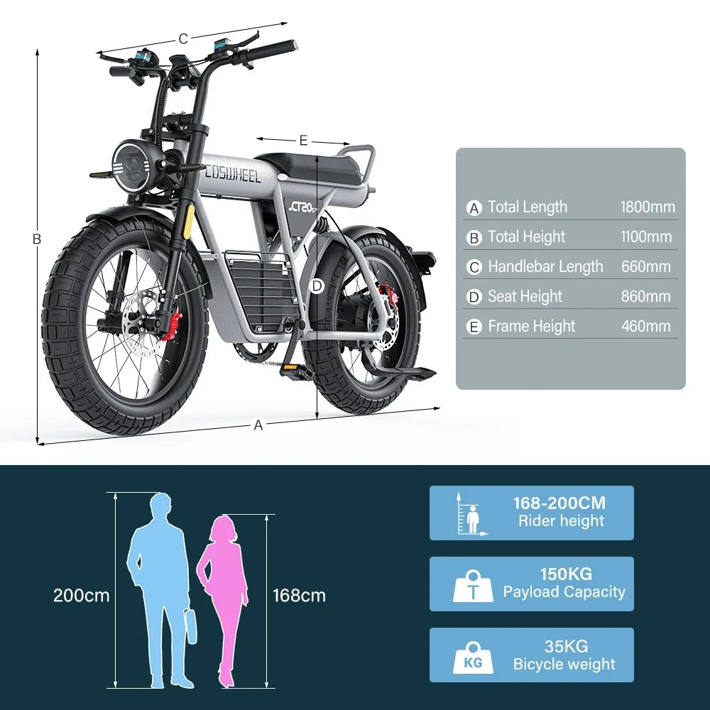Coswheel Adult Electric Bike CT20S 1500W 60V 27.5AH Off Road Ebike Fat Tire Bike