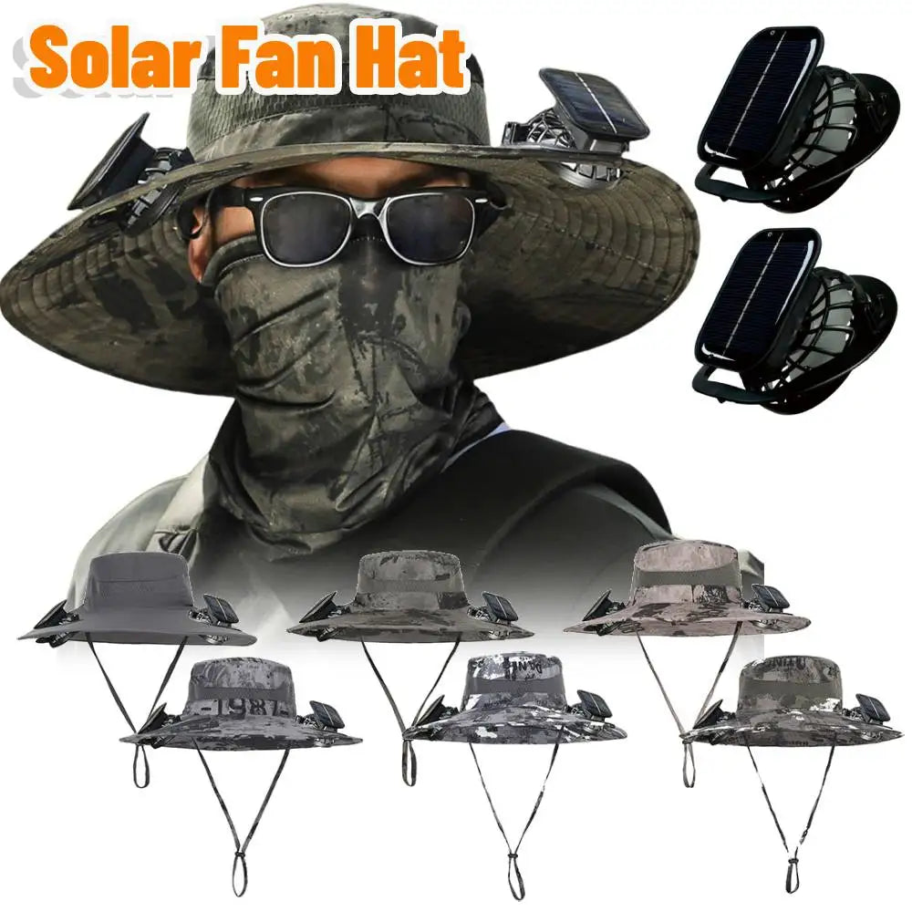 Solar Fan Hat Outdoor Fishing Hat with 2 Solar Fans Wide Brim Bucket Hat Summer Cap for Men Camping Hiking
