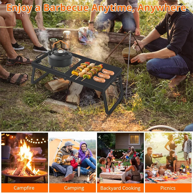 Folding Campfire Grill Heavy Duty Steel Mesh Grate Portable Camping Grates Over Fire Pit Camp Fire Cooking Grilling Rack