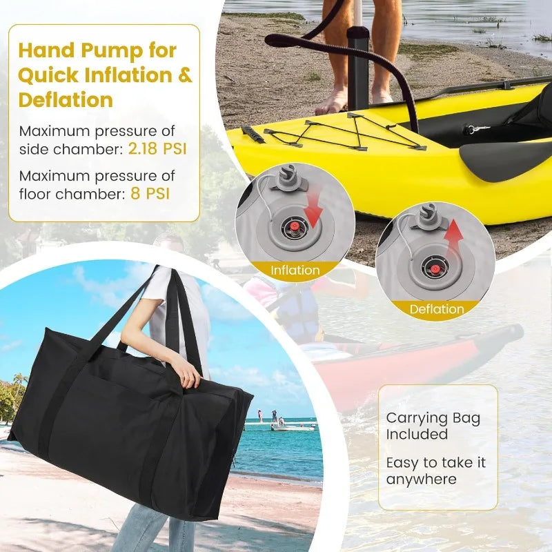 GYMAX Inflatable Tandem Kayak 12.5 Feet 507 Pounds Capacity with 2 Aluminum Paddles 2 Padded Seats Footrests 2 Fins Hand Pump and Carry Bag