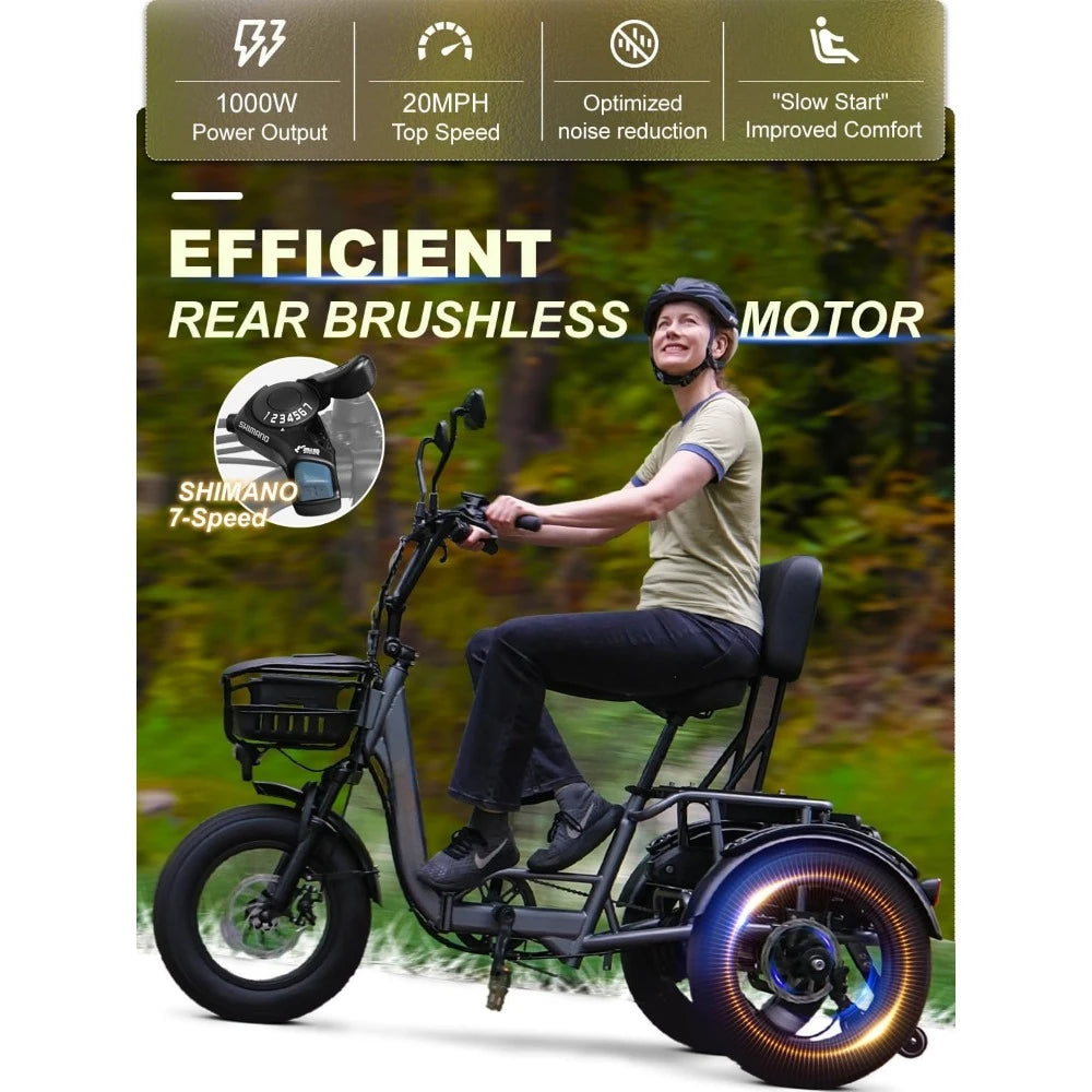 Folding Electric Tricycle with Reverse Gear and Rear Differential 4 Inch Wide Fat Tire Three Wheel Electric Bike