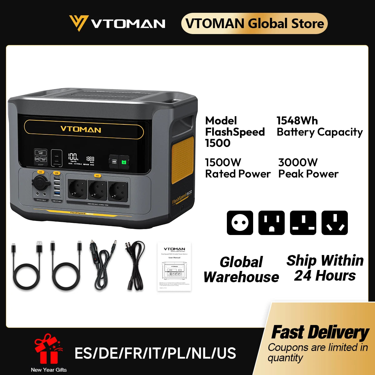 VTOman FlashSpeed 1500 Portable Power Station 1548Wh LiFePO4 Battery 3000W Peak for Outdoor Camping RV Home Energy Power