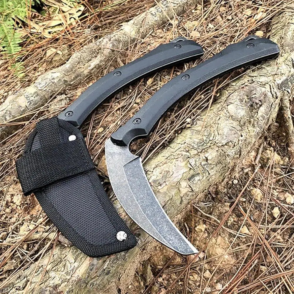Full Tang Fixed Blade Sickle Knife Tactical Outdoor Camping Fishing Tool Stainless Steel Non Slip Grip Sheath