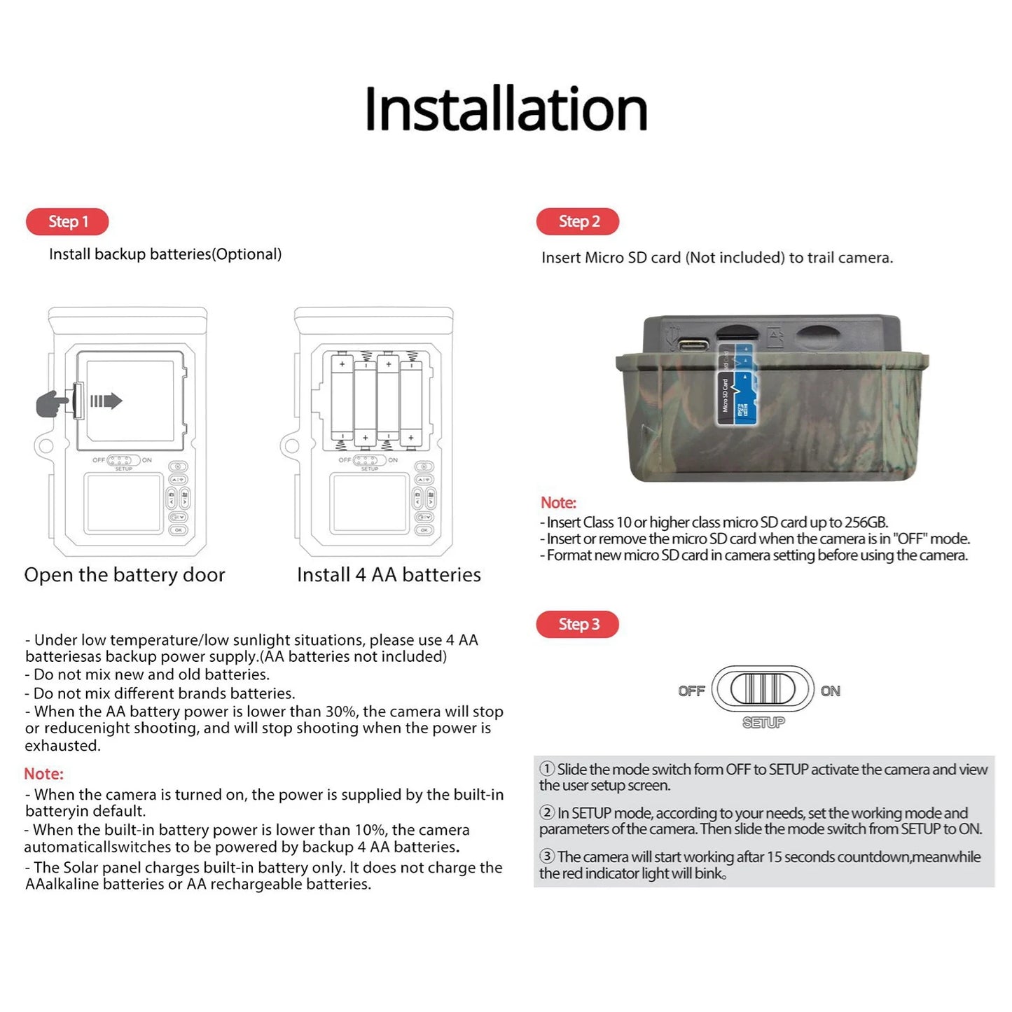 Solar Powered Night Vision Trail Camera 50MP 4K Hunting Camera 0.3s Trigger Time Wildlife Monitoring