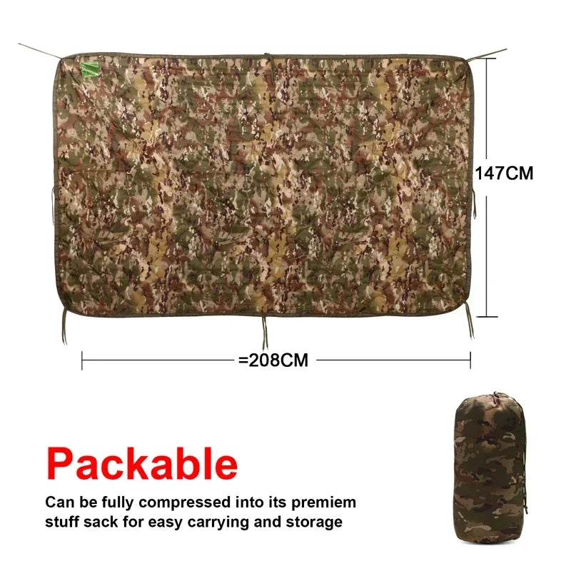 Tactical Army Poncho Liner Camouflage Water Repellent Woobie Quilted Blanket for Camping Shooting Hunting