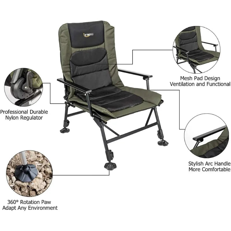 VINGLI Heavy Duty Fishing Chair with Footrest Support 440 Pounds Adjustable High Back 160 Degrees