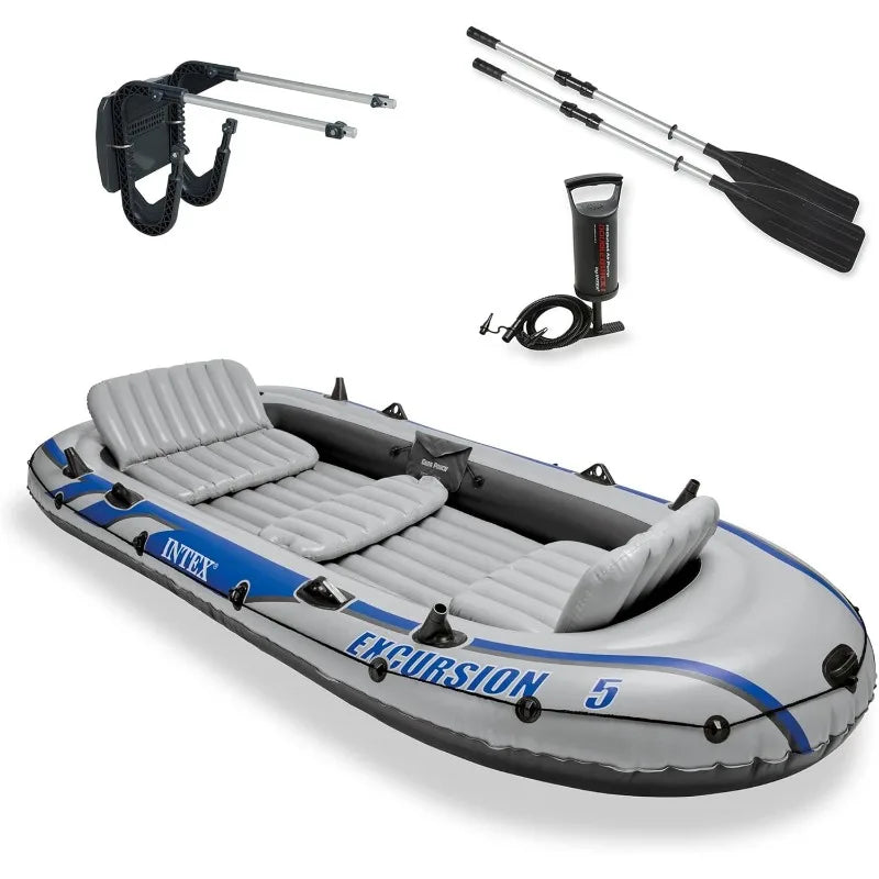 Intex Excursion 5 Person Inflatable Outdoor Fishing Raft Boat Set with 2 Aluminum Oars and Air Pump