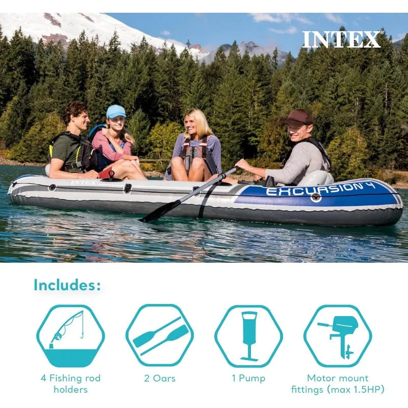 Intex Excursion 5 Person Inflatable Outdoor Fishing Raft Boat Set with 2 Aluminum Oars and Air Pump