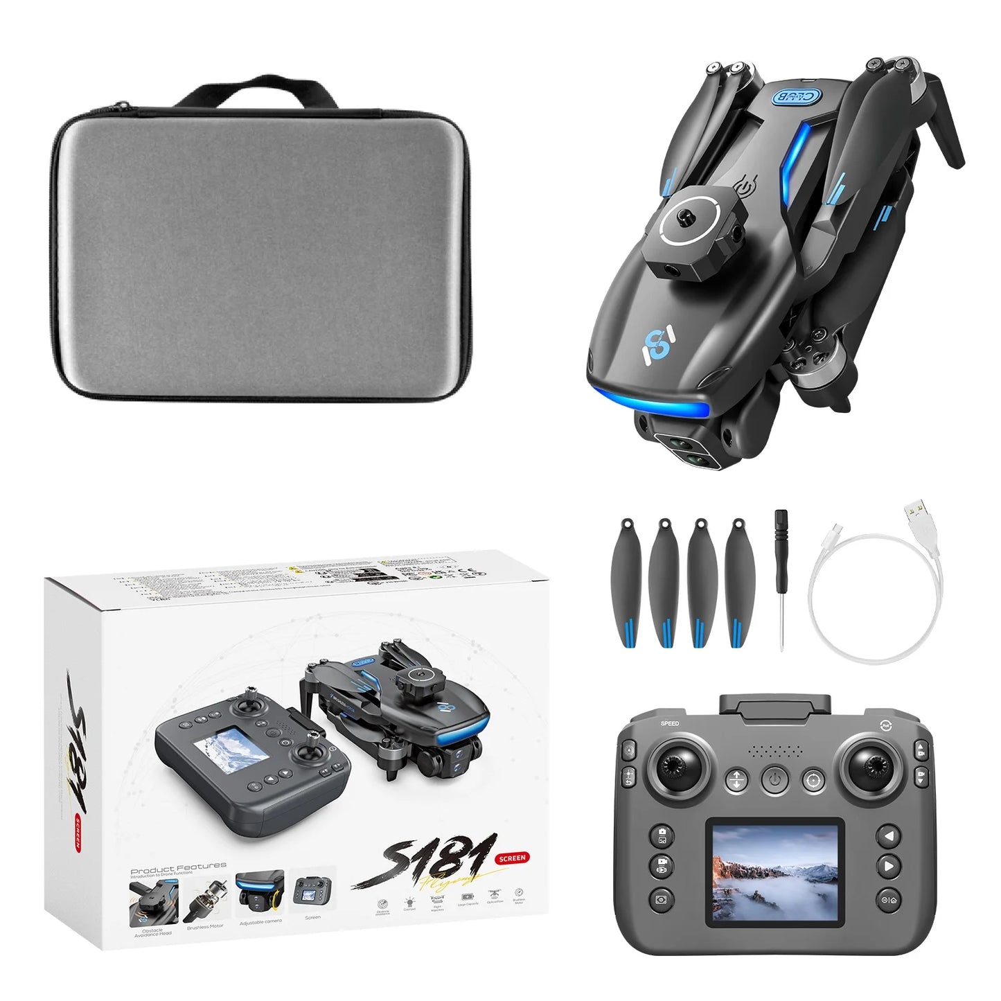 Long Endurance Brushless Drone Dual Cameras Brushless Motor Foldable Quad Obstacle Avoidance 5.9 Inch LCD Remote Controller