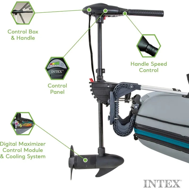 INTEX 68631E Transom Trolling Motor:Easy to Attach,Built-In Battery Meter,Weed Escape Mode,Suitable for Freshwater and Saltwater