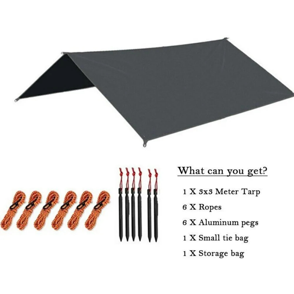 3M x 3M Camping Waterproof Awning Tarp Tent Dark Grey Ultralight Sun Shelter Outdoor Tourist Beach UV Coating