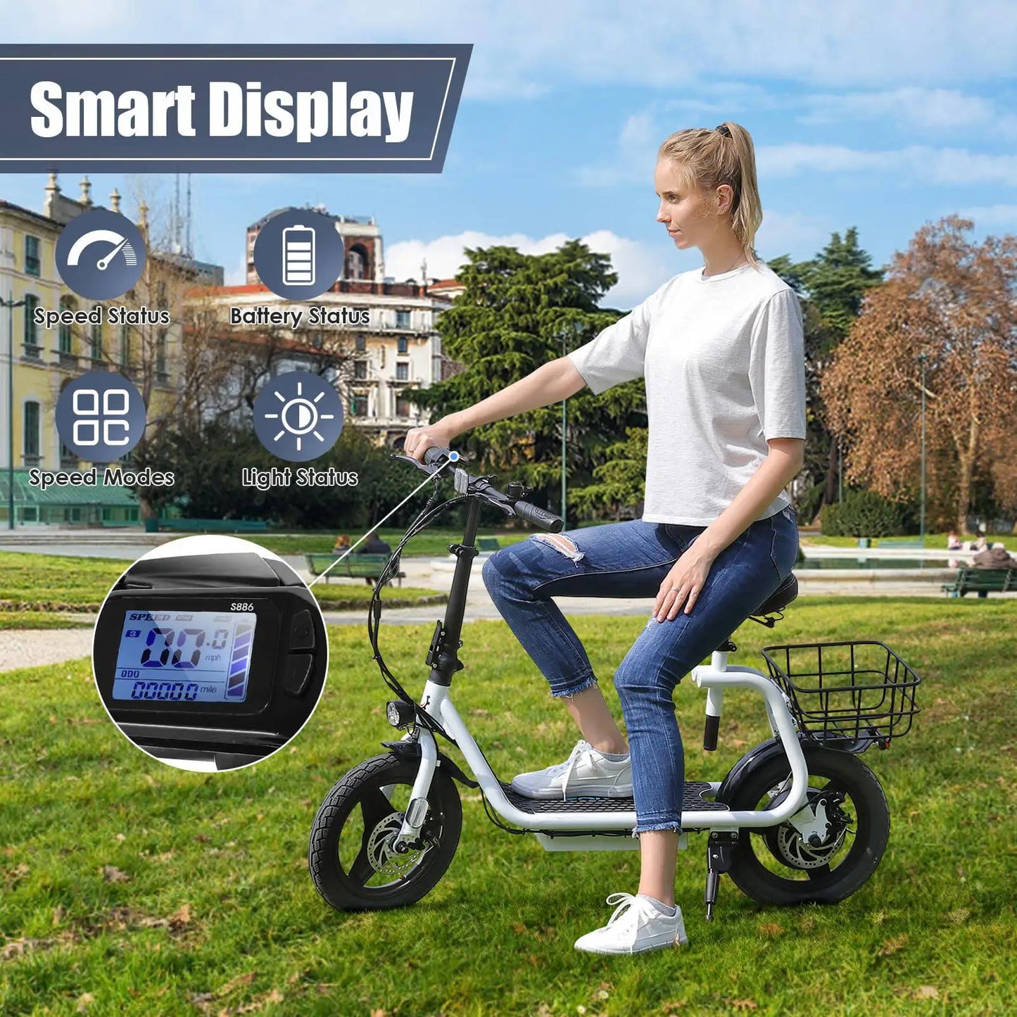 Peak 819W Electric Scooter with 500W Motor and Seat 14 Inch Tire 30 Miles Range 20MPH Max Speed E Scooter for Adults 300 LBS