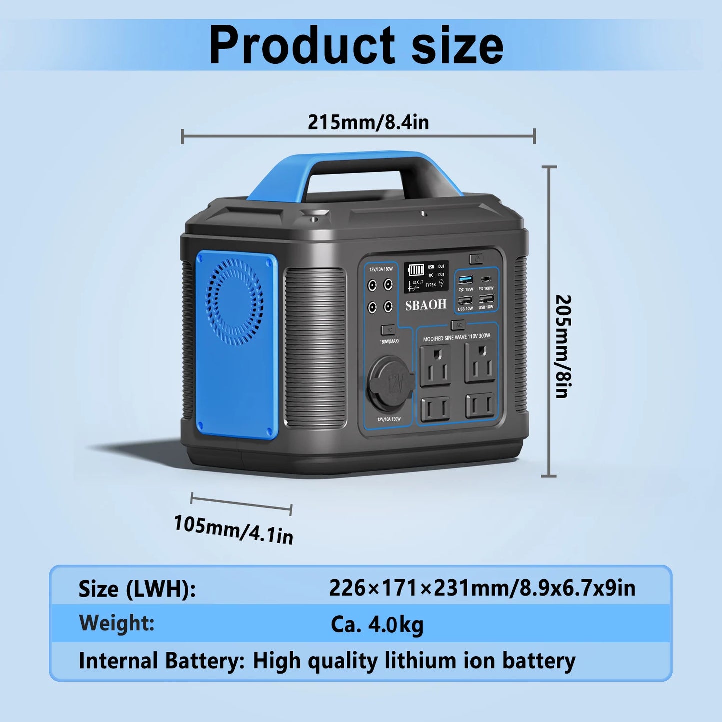 Portable Power Station 300W 296Wh 80000mAh Lithium Battery Solar Generator with 100W USB-C PD Output and 110V AC Outlet