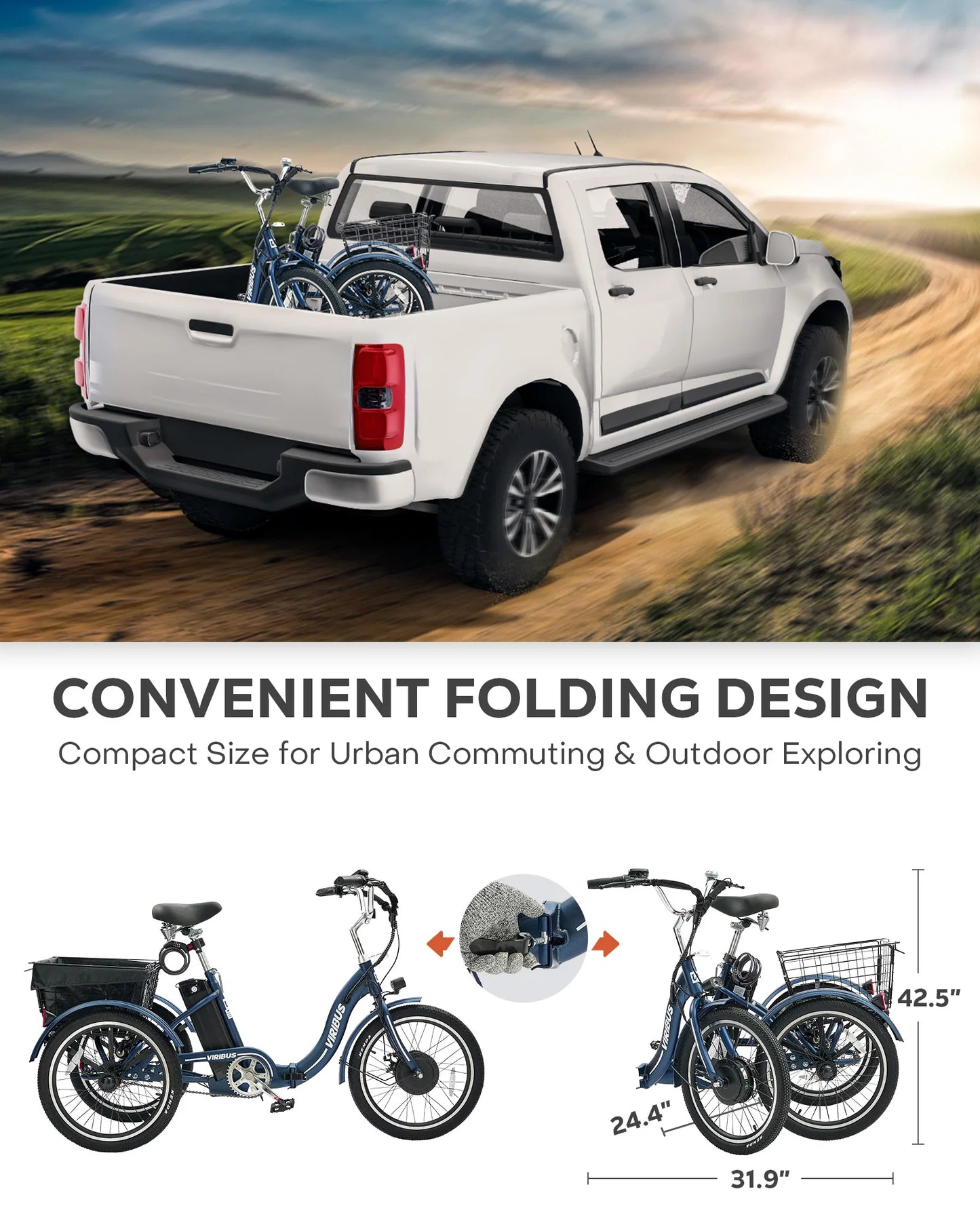 20 Inch Folding Electric Trike for Adults 350W Foldable Electric Tricycle with Differential Lock 36V 13Ah UL Certified Battery
