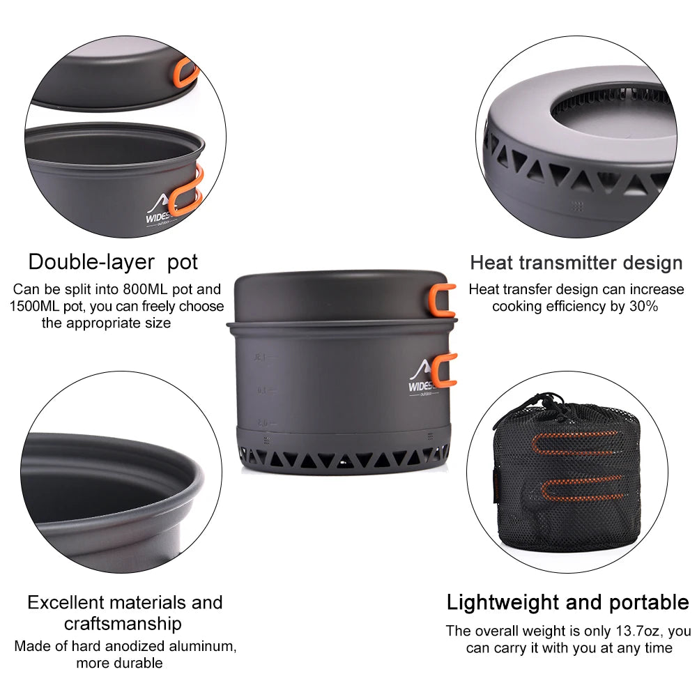 Widesea Camping Cookware Set 1.3L 2.3L Outdoor Cooking Pot Kettle Travel Tableware Utensils
