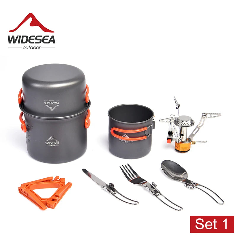 Widesea Camping Cookware Set Portable Outdoor Cooking Equipment Burner Stove Folding Knife Fork Pot Suit for Travel and Tourism