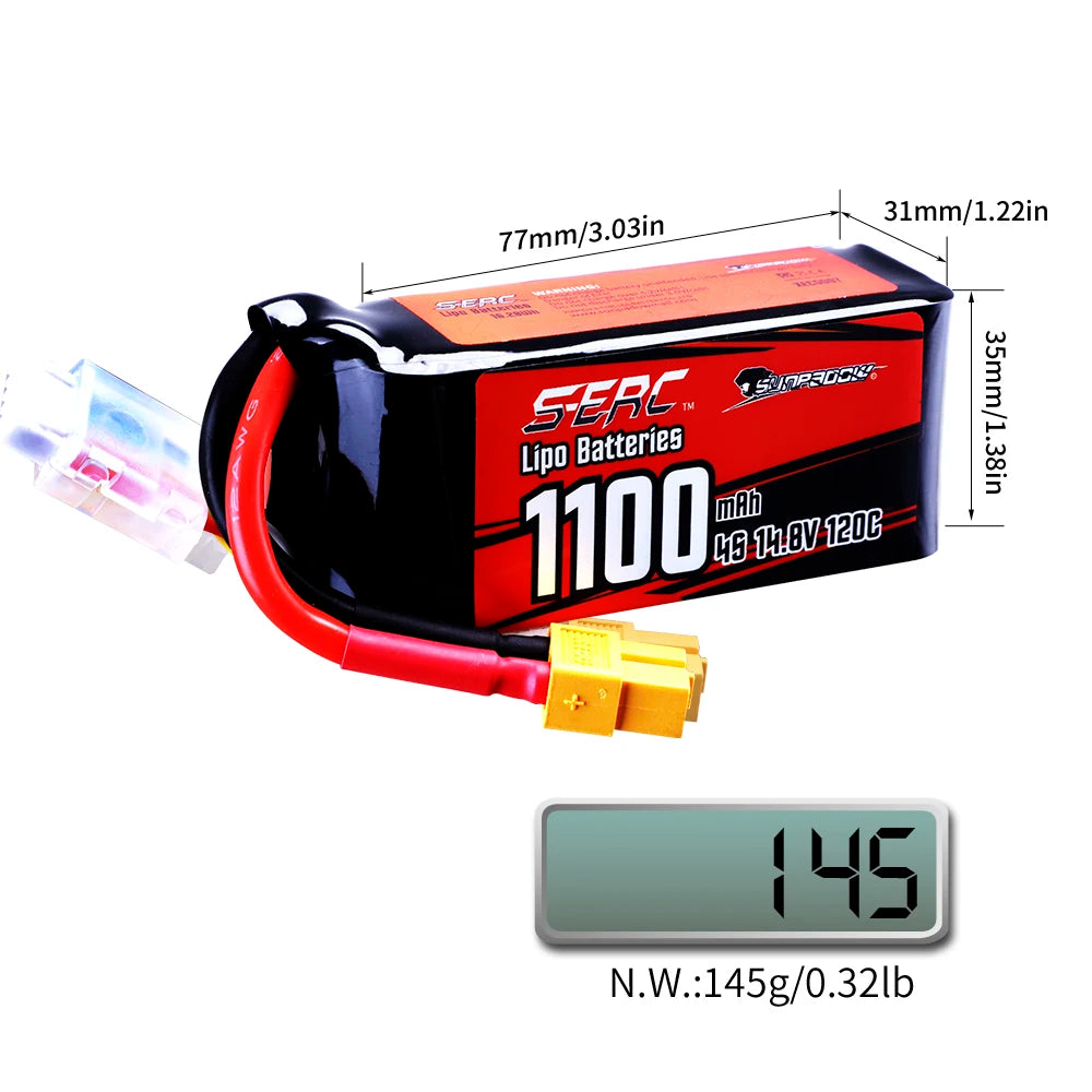 2 Packs Sunpadow 14.8V 4S Lipo Battery 1100mAh 1300mAh 1500mAh 120C Soft Pack with XT60 Plug for RC FPV Quadcopter Drone Airplane